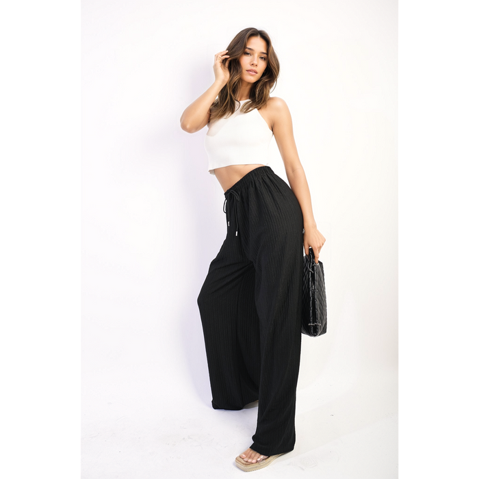 Carla Textured Wide Leg Drawstring Trousers - Stylish & Comfortable Pants for Women