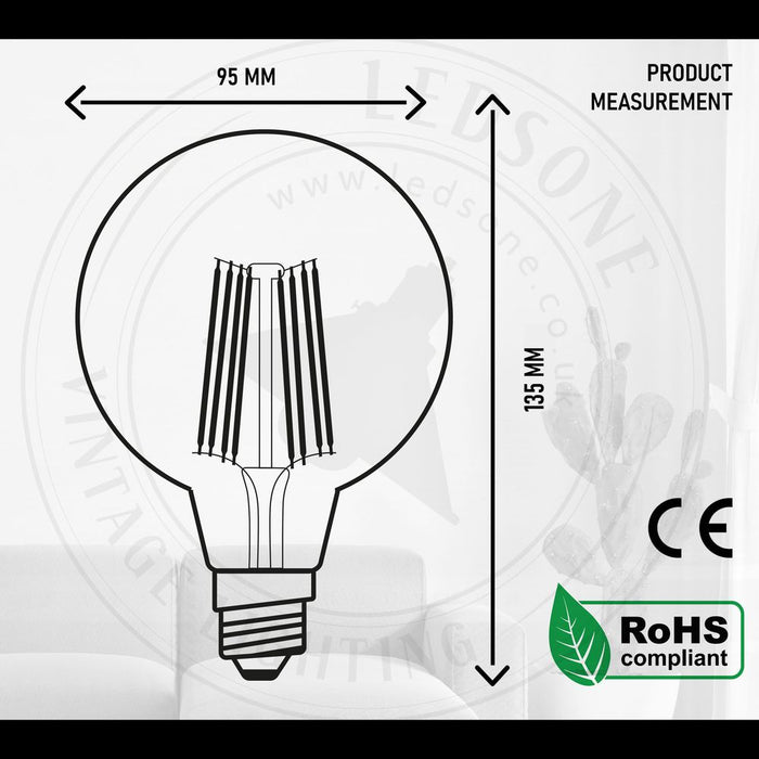 3 Pack of Vintage Globe Edison LED Light Bulb G95 8W, E27 Screw Bulb