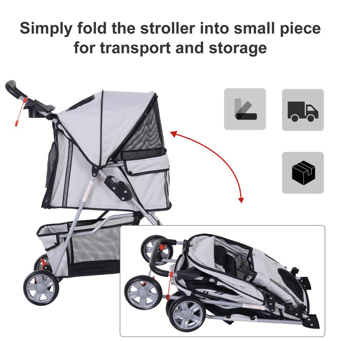 Pet Stroller Cat Dog Basket Zipper Entry Fold Cup Holder Carrier Cart Grey