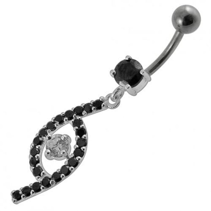 Jeweled Fancy Silver Dangling SS Bar Curved Navel Ring