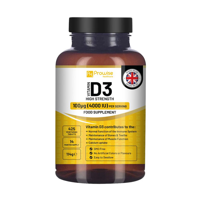 Vitamin D3 4000 IU High Strength I 425 Vegetarian Tablets (14 Months Supply) I Easy Swallow Vitamin D3 Supplement for Immune Support, Calcium Boost, Bone & Muscle I Vitamin D Made in the UK by Prowise