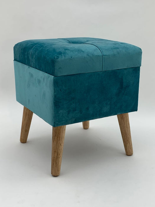 Velvet Footrest Trunk - Blue | Storage Compartment, Wooden Legs