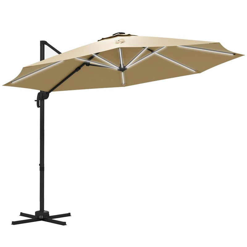 Outsunny 3(m) Solar LED Cantilever Parasol Adjustable Garden Umbrella Khaki