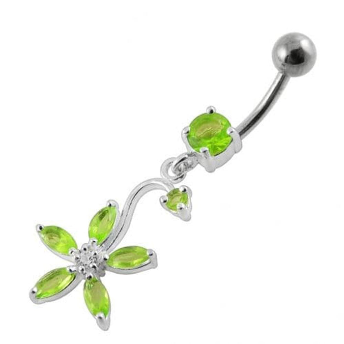 Fancy Multi Stones Flower Dangling Curved Navel Ring