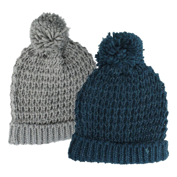 Stylish Ladies Winter Knitted Beanie with Pom Pom - Grey or Blue