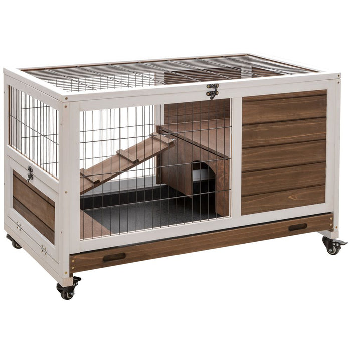 Premium Wood Indoor Rabbit Hutch - 2-Floor Guinea Pigs Cage w/ Wheels