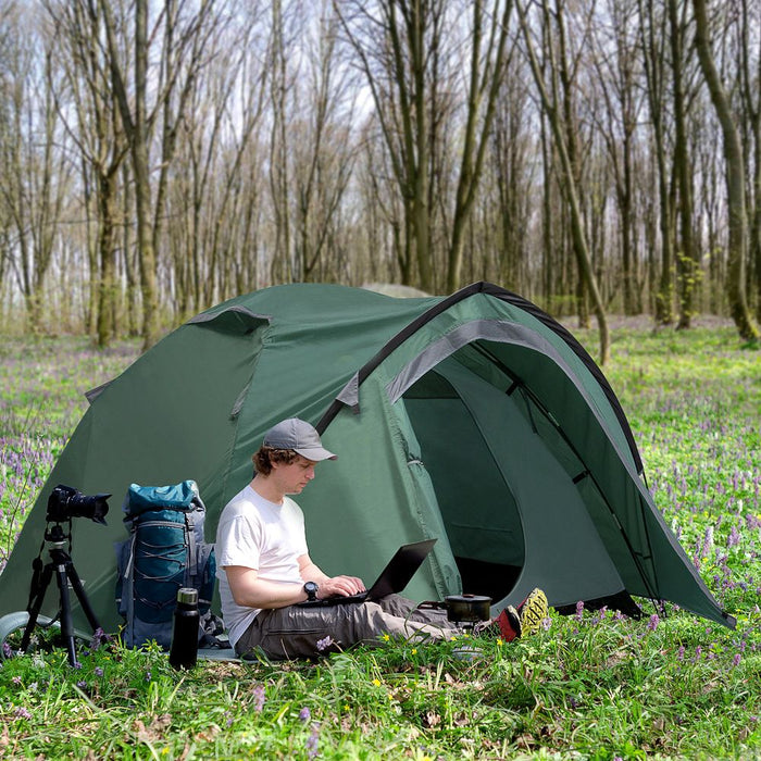 Outsunny Compact Camping Tent: Green, Vestibule, Mesh Vents, High Quality