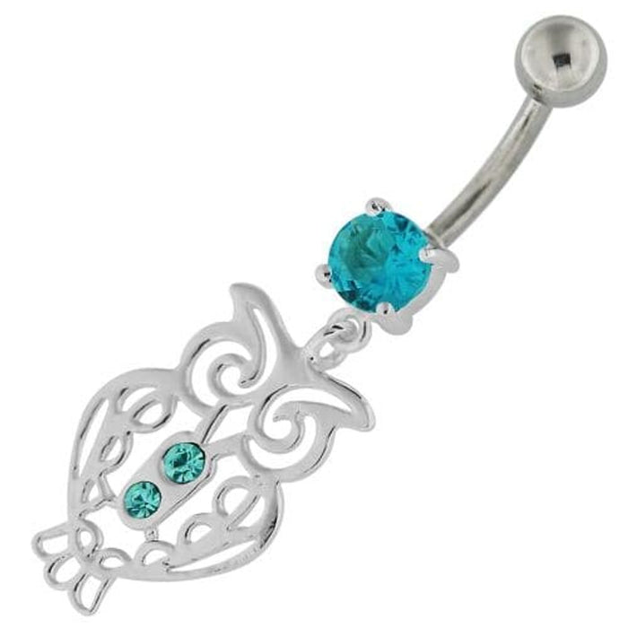 Sterling Silver Jeweled Owl Navel Belly Button Bar