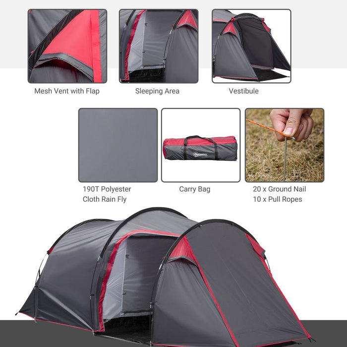 Outsunny 3 Man Camping Tent - 2 Rooms, Porch, Vents, Weather-Resistant