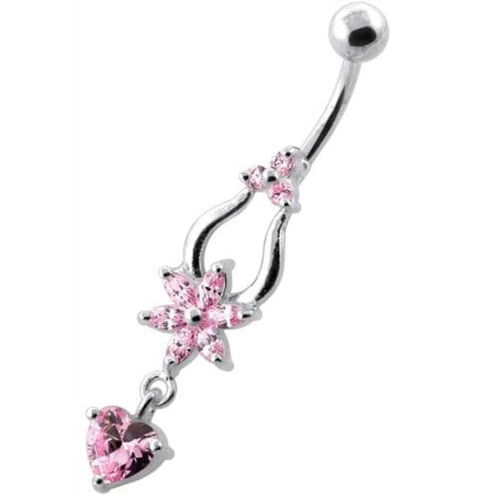 Flower with Heart Dangling Navel Belly Ring