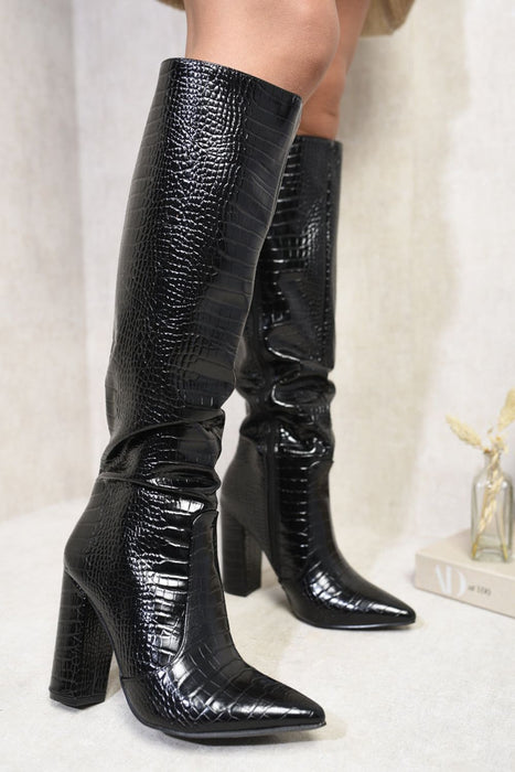 Croc Print Knee High Pointed Toe Block Heel Boots