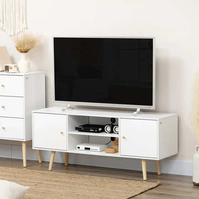 TV Stand Cabinet with Cable Management and Wood Legs Living Room, White