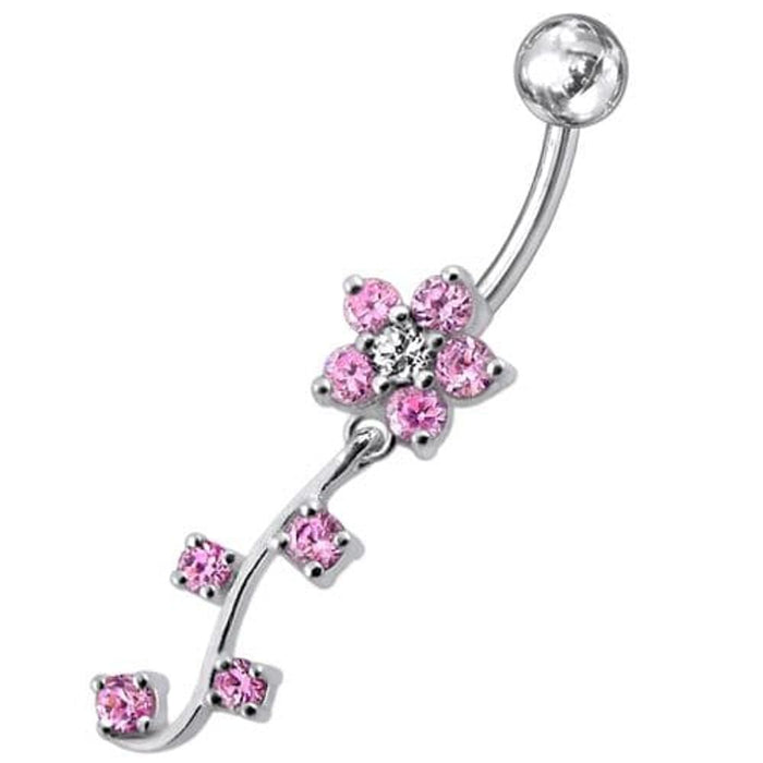 Fancy  Silver Flower Dangling Belly Ring