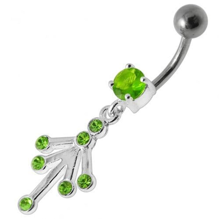 Fancy Jeweled Silver Dangling With Curved Bar Belly Ring Body Jewelry