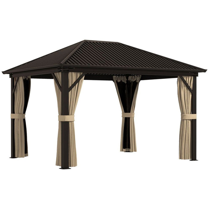 Outsunny 3.6 x 3(m) Metal Backyard Hardtop Gazebo with Screened Curtain Brown