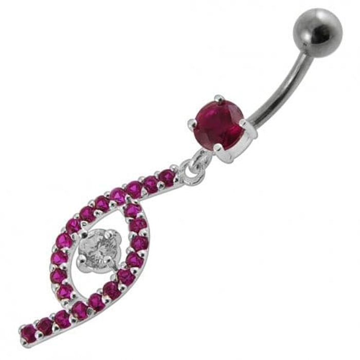 Jeweled Fancy Silver Dangling SS Bar Curved Navel Ring