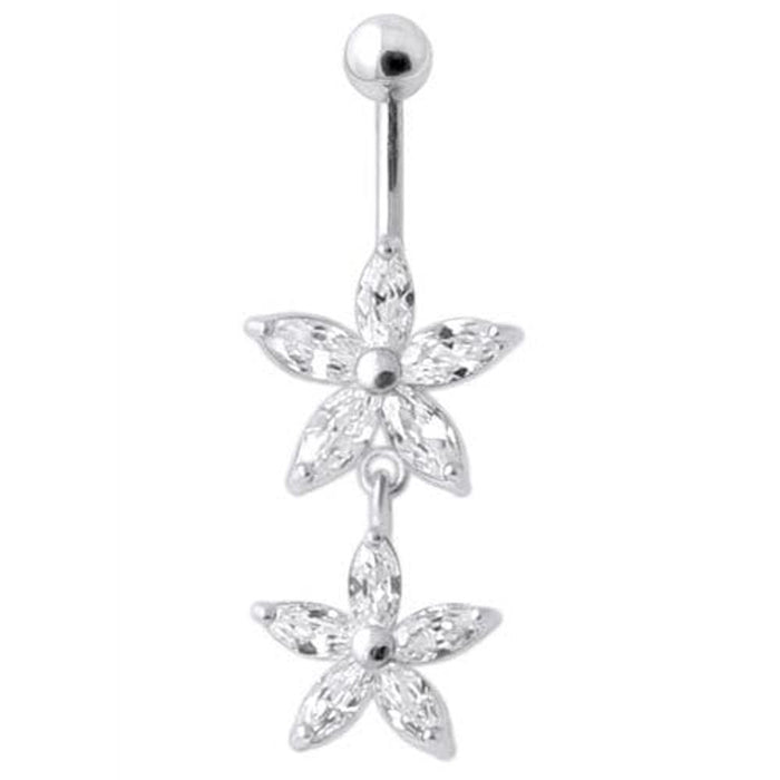 Jeweled Multi Flower Silver Dangling Belly Button Ring