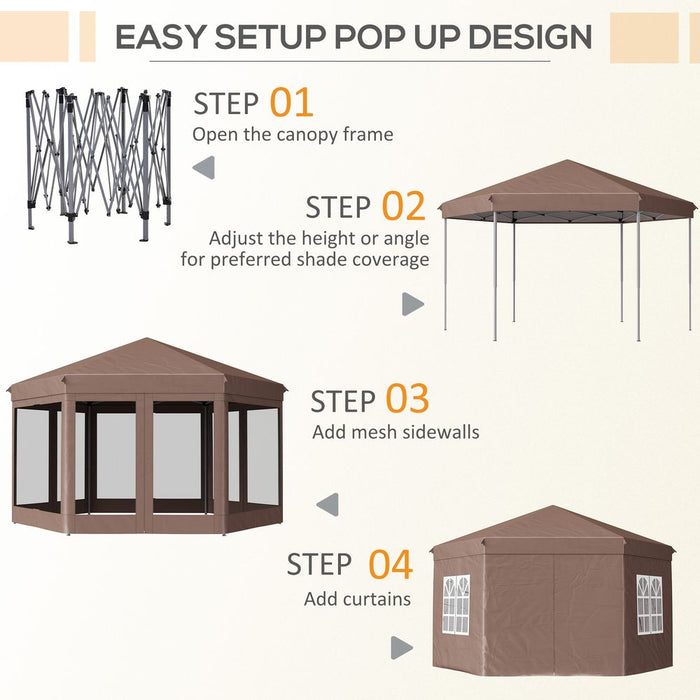 Outsunny 4m x 4m Hexagonal Metal Gazebo - Brown