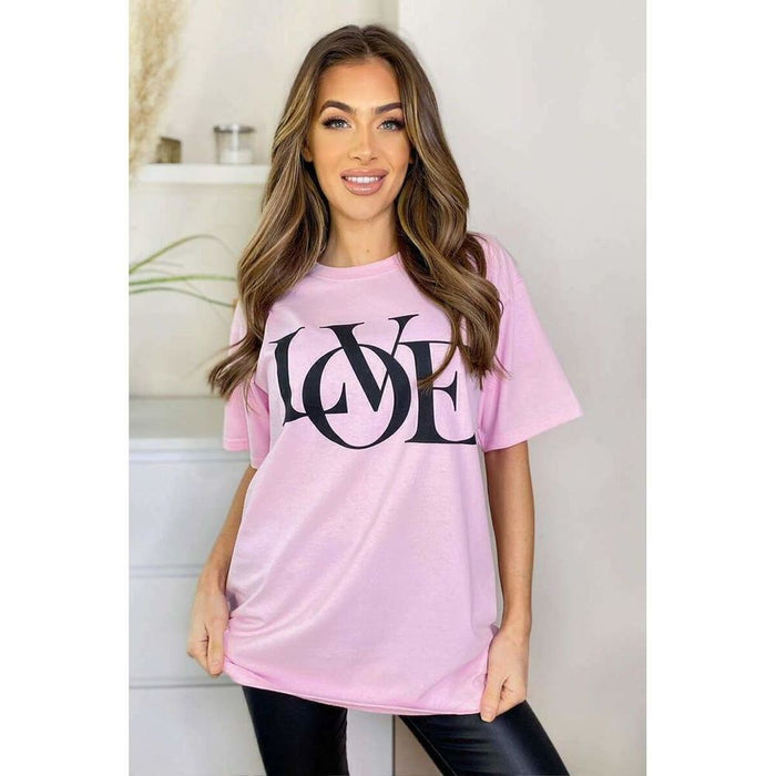 Ladies Oversized Love Print Slogan Short Sleeves T Shirt Top