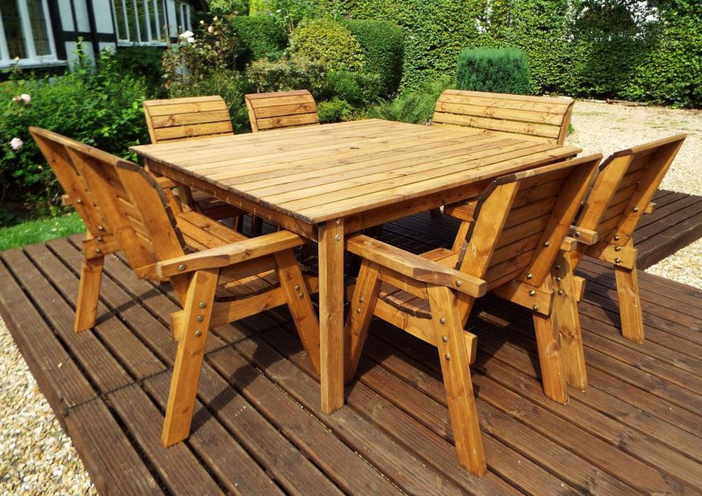 Charles Taylor Outdoor 8-Seater Dining Set | Solid Wood | 4 Armchairs | 2 Benches | Large Table | Rot-Free Guarantee