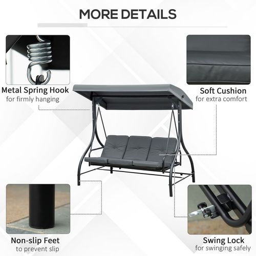 3 Seater Canopy Swing Chair Porch Hammock Bed Rocking Bench Dark Grey