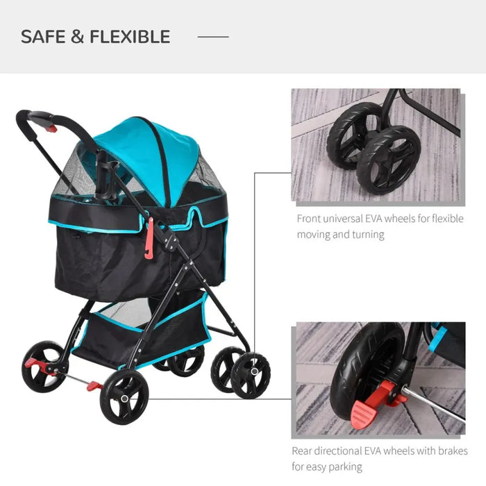 Folding Pet Stroller w/ Brake, Adjustable Canopy, Removable Cloth - Top Quality