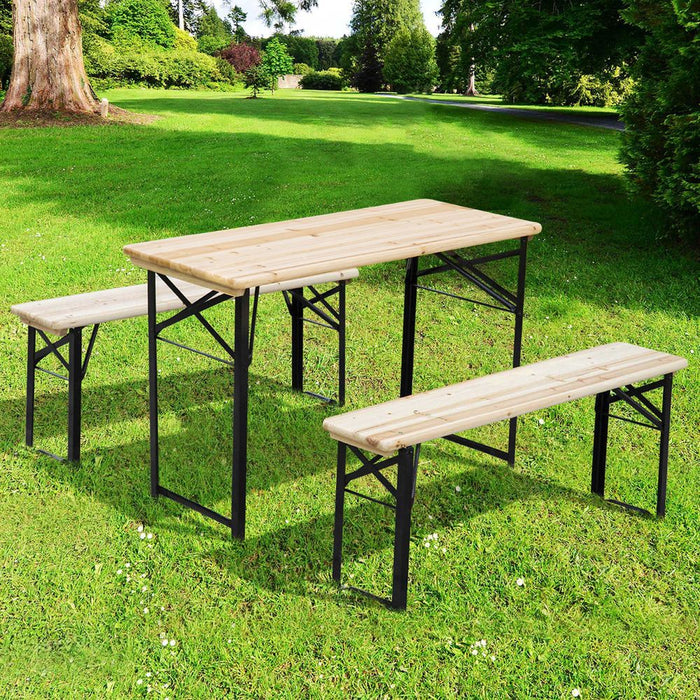 Portable Wooden Picnic Table & Bench Set - Folding Camping Trestle