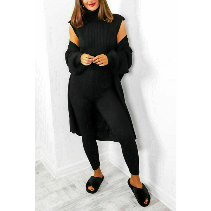 Ladies 3 Piece Suit Roll Neck Chunky Knitted Ribbed Tracksuit Lounge Set