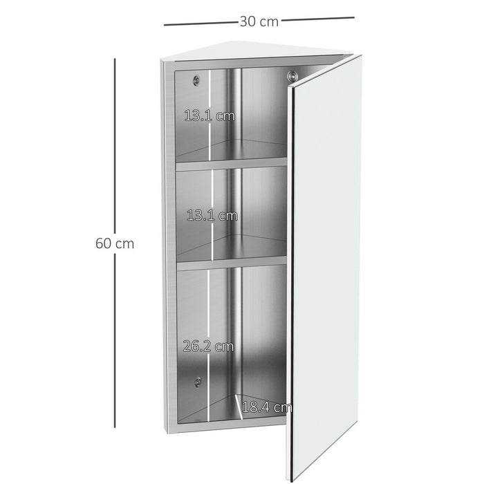 HOMCOM Wall Mount Corner Mirror Cabinet with Three Shelves, Stainless Steel Bathroom Storage Cabinet with Door