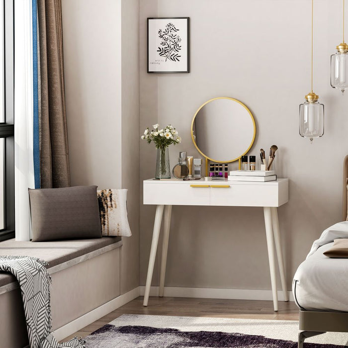 Elegant White Dressing Table with Round Mirror & 2 Drawers - High-Quality Makeup Vanity Desk