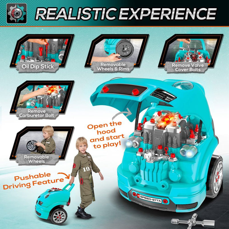HOMCOM Kids Truck Engine Toy Set Toddler Educational Car Service Station w/RC Car Key Steering Wheel Horn Light, Mechanic Gifts for Ages 3-5 Years - Teal