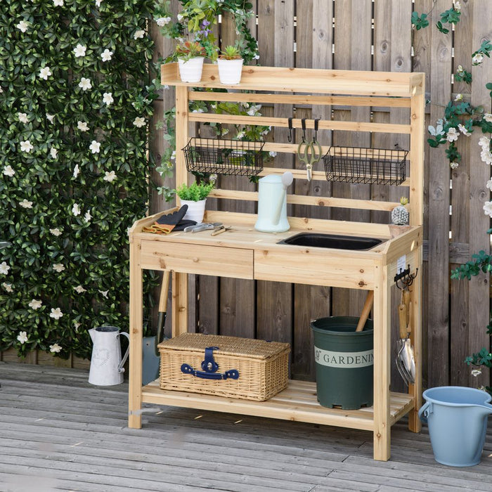 Potting Bench Table, Workstation with Metal Sieve Screen, Removable Sink,