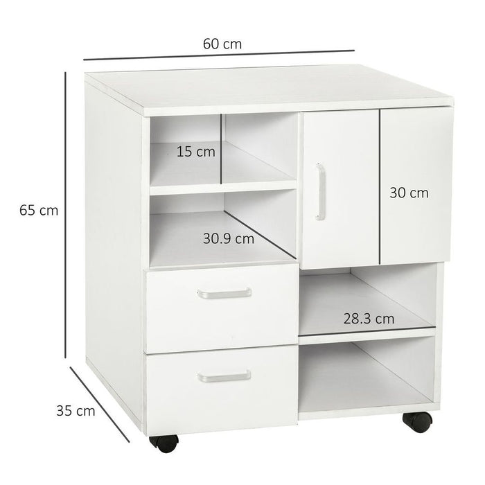 HOMCOM Printer Stand Sideboard - White Wooden Cupboard with Drawers & Shelves