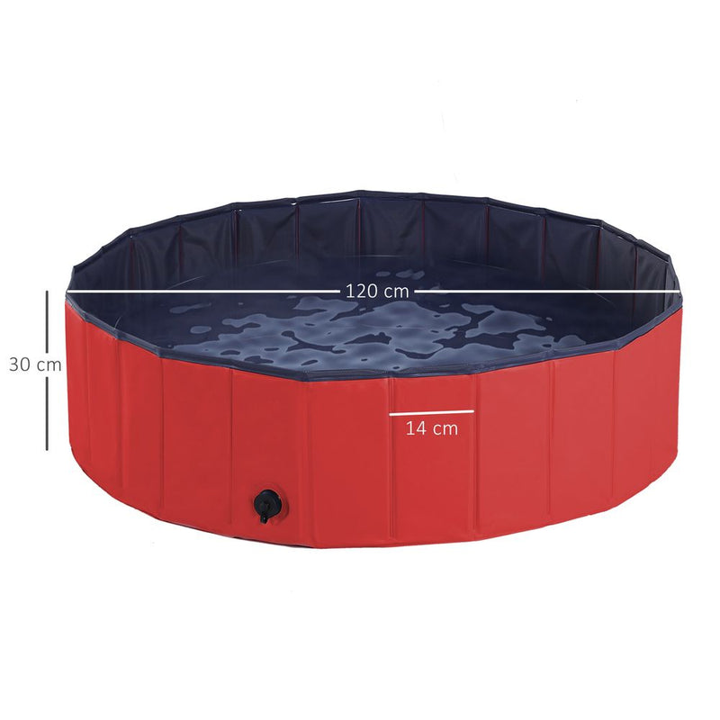 PawHut Foldable Dog Paddling Pool Pet Cat Swimming Pool Indoor/Outdoor Collapsible Summer Bathing Tub Shower Tub Puppy Washer (Φ120 × 30H cm, Red), D01-004RD