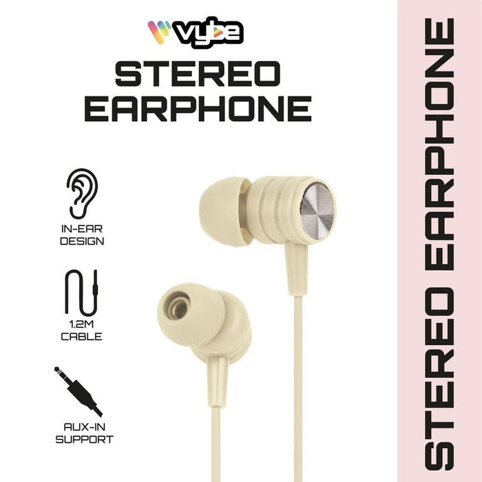 Premium Cream Vybe Bass One-Touch Remote AUX Stereo Earphones