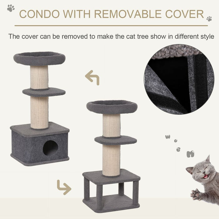 PawHut 96cm Cat Tree Kitten Tower Multi level Activity Center Pet Furniture with Sisal Scratching Post Condo Removable Cover Grey