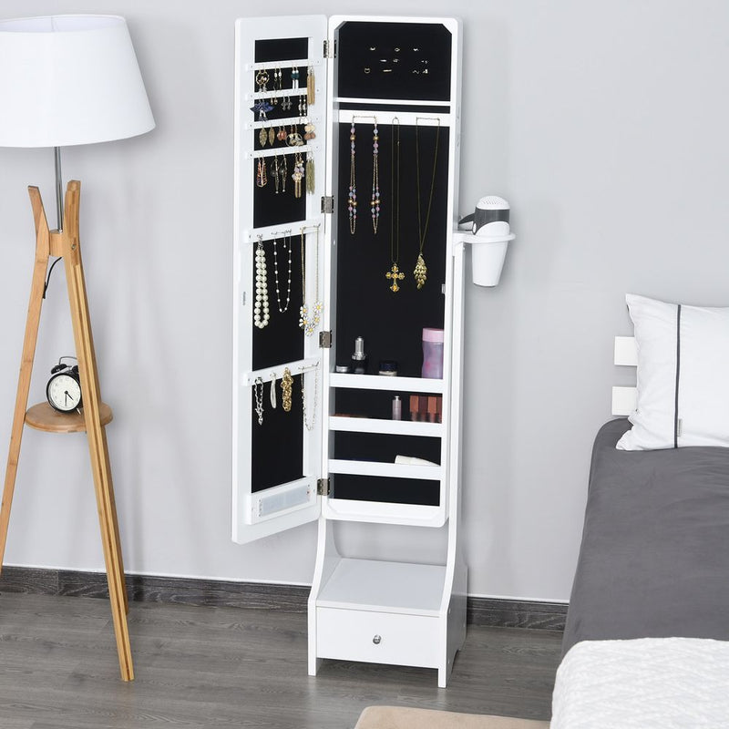 HOMCOM Jewellery Cabinet, Full Length Mirror with Storage, Free Standing Mirror with LED Lights, Hooks, Drawer and Hairdryer Holder for Bedroom, White