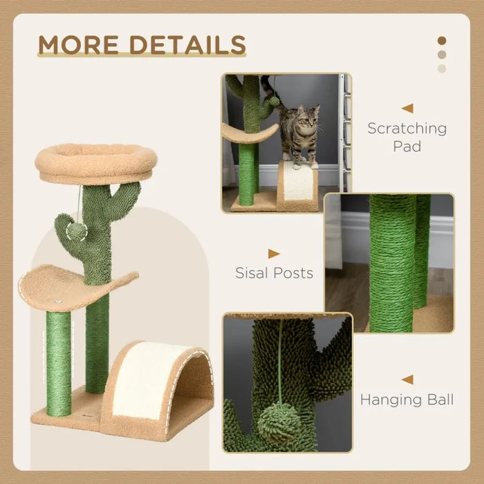 72cm Cat Tree w/ Bed, Toy Ball, Sisal Post, Curved Pad - Beige & Green