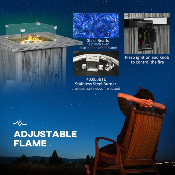 Premium Outsunny Gas Fire Pit Table - 40,000 BTU Burner, Cover, Glass Screen - Grey