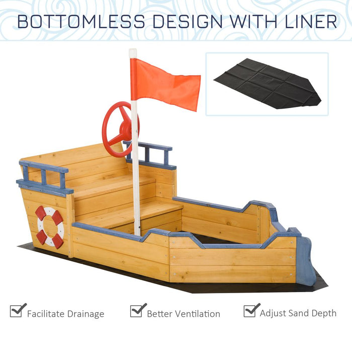 Kids Wooden Sandbox Pirate Ship Sandboat w/ Bench Seat Storage Space