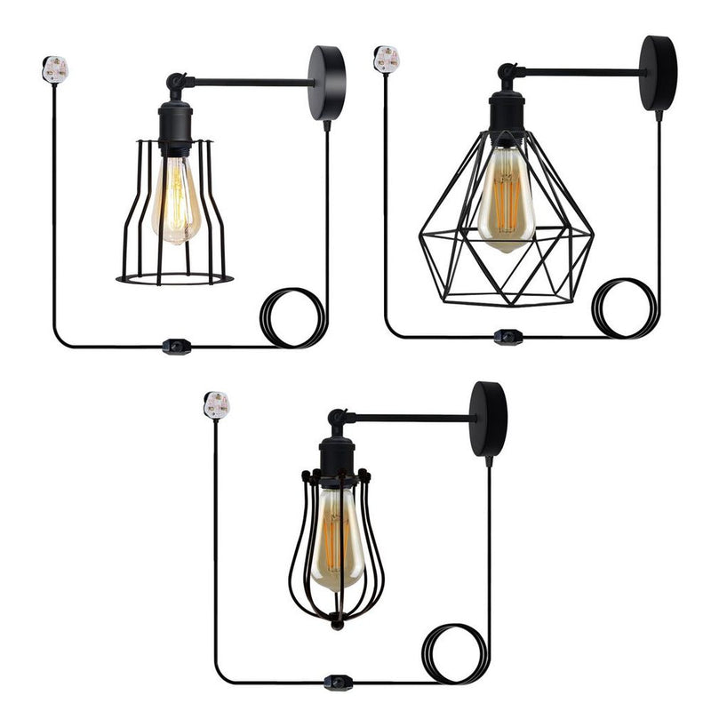 Black Vintage Industrial Light Plug in Wire cage E27 Wall Lamp~5059