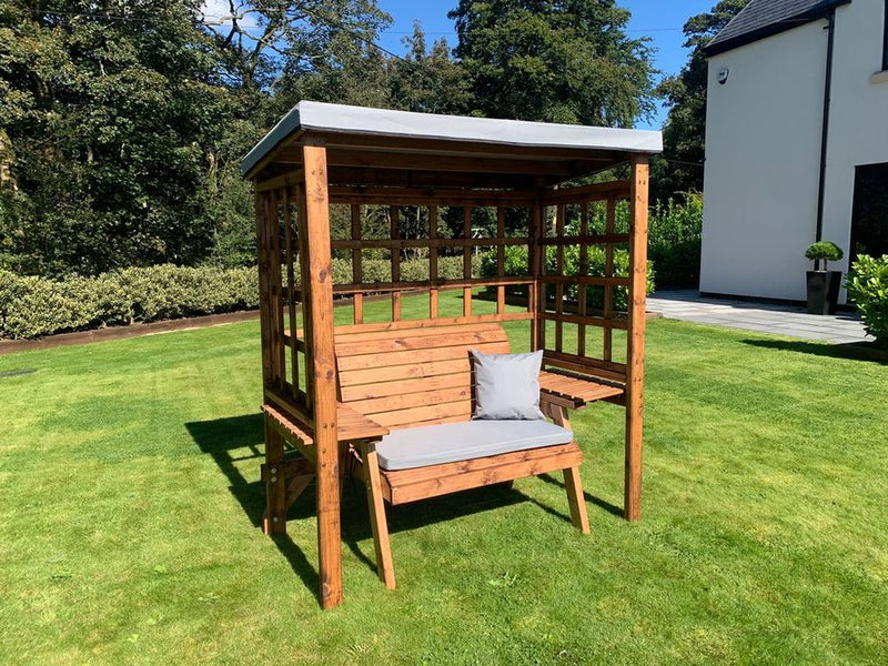 Wentworth Two Seat Arbour Green - Handcrafted, Waterproof Roof, Side Tables, Made in Britain, FSC Wood