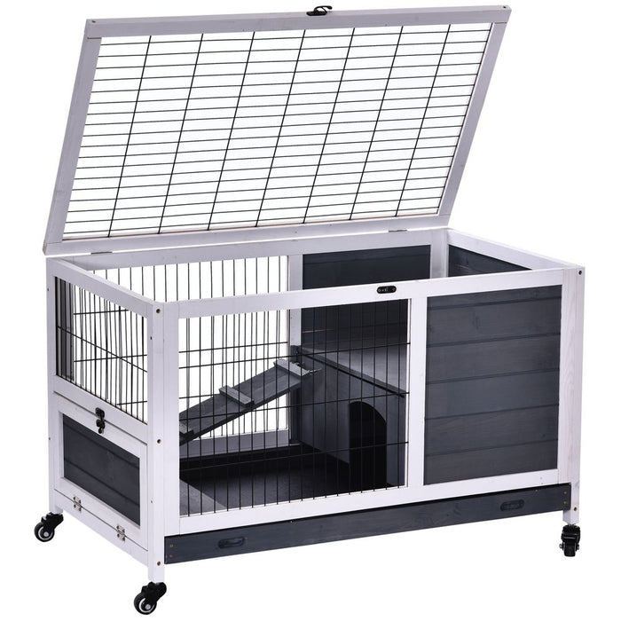 Durable 2-Floor Rabbit Hutch w/ Wheels | Indoor Wood Cage for Guinea Pigs | Pawhut