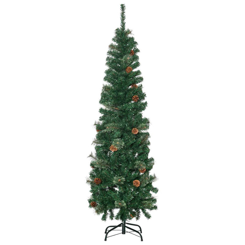 HOMCOM 5.5FT Tall Pencil Slim Artificial Christmas Tree with Realistic Branches, Tip Count and Pine Cones, Pine Needles Tree, Xmas Decoration, Green