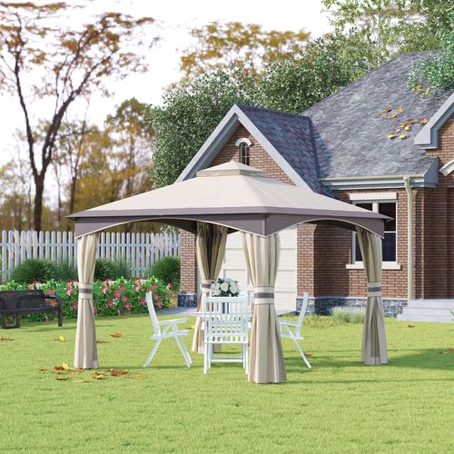 10' x 10' Outdoor Patio 2-Tier Roof Gazebo Canopy Steel Frame w/ Mesh Sidewalls