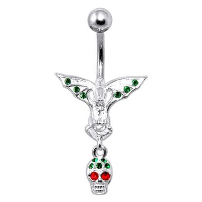 Fancy Silver Jeweled Devil Skull Dangling Ss Banana Bar Belly Ring