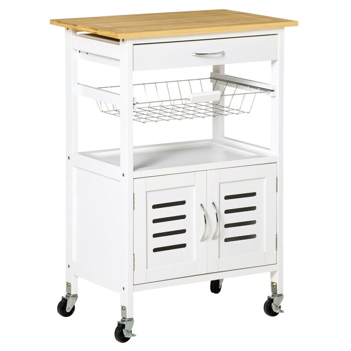 Kitchen Island Trolley Utility CartBamboo Table Top, Storage Cabinet, Drawer