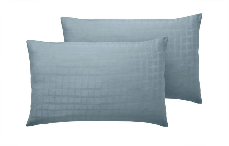 400TC - 100% Cotton Satin Stripe Check Pillowcase Pair Smoky Blue