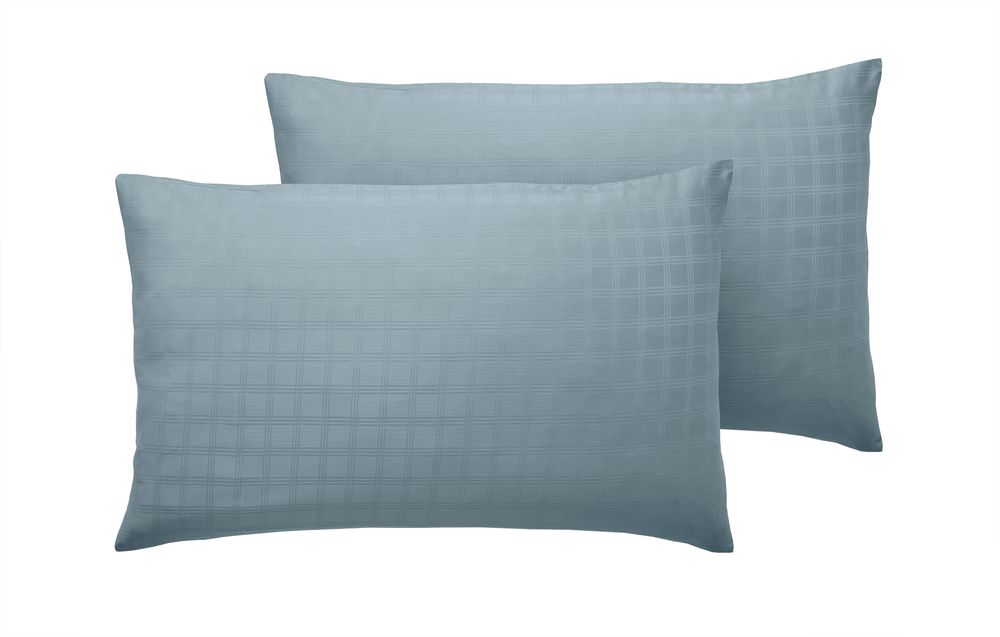 400TC - 100% Cotton Satin Stripe Check Pillowcase Pair Smoky Blue