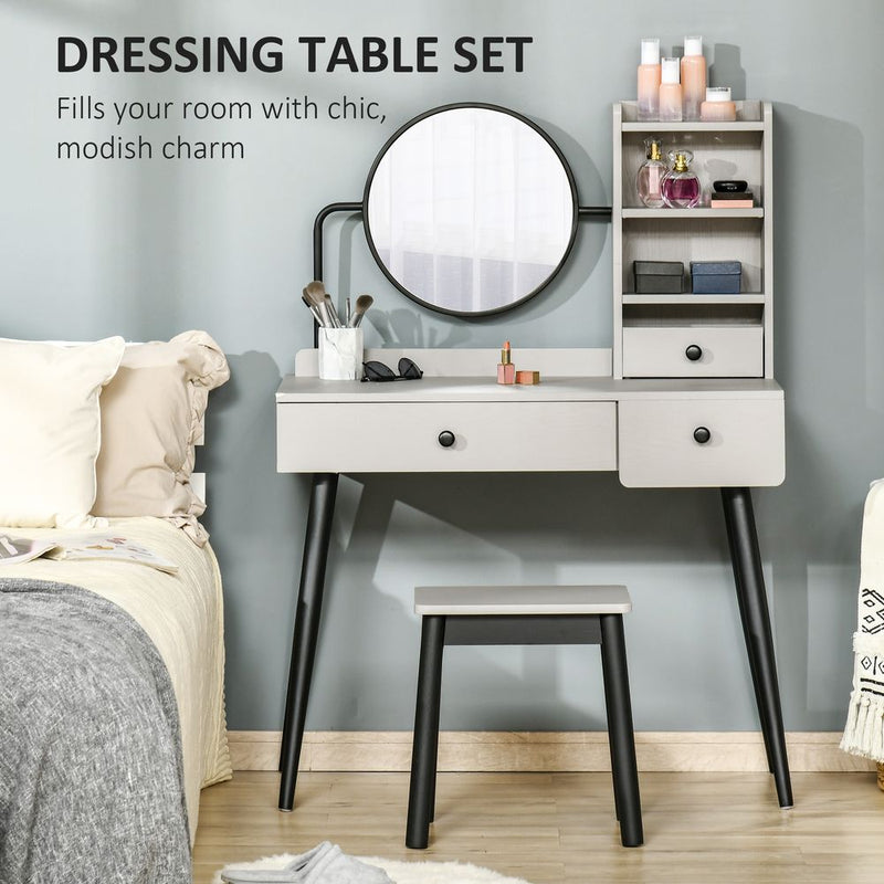 Premium Grey Dressing Table Set: 3 Drawers, Storage Shelves & Stool - High-Quality & Stylish